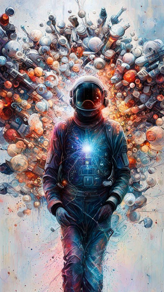 Prompt: A painting depicting artificial intelligence astronaut by Stefan Gesell, Dark theme with vivid colors, marvel of art, by Anne Geddes, some illuminated sparkling small objects in the background, by Mel Bochner, by Martine Johanna