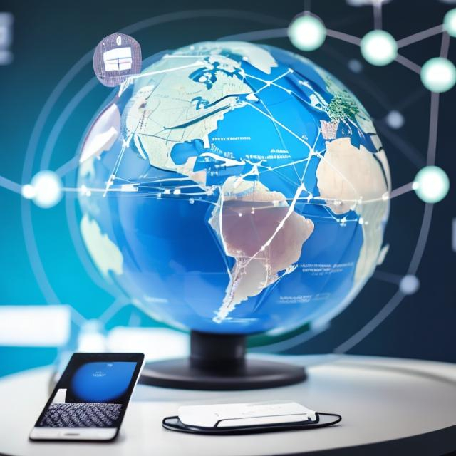 Prompt: A globe with interconnected nodes, representing the global reach of e-commerce, and icons of a desktop and smartphone showcasing access points.