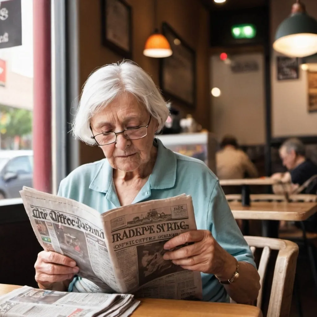 Prompt: An elderly person sitting in a coffee shop reading a newspaper.