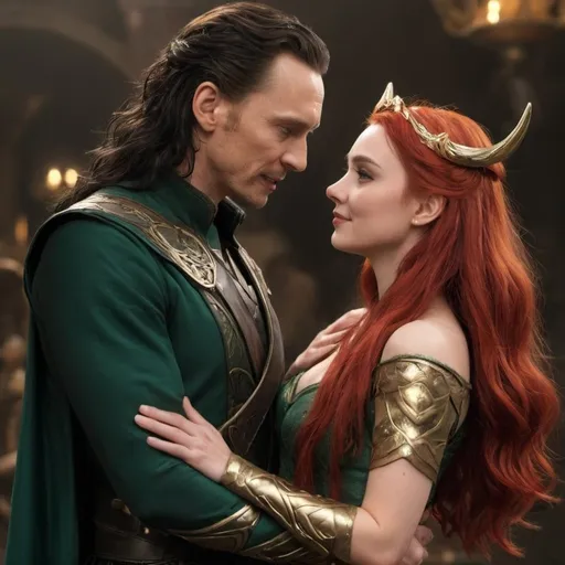 Prompt: Realistic Disney and Marvel characters,Tom Hiddleston's Loki and Ariel, in Asgard 