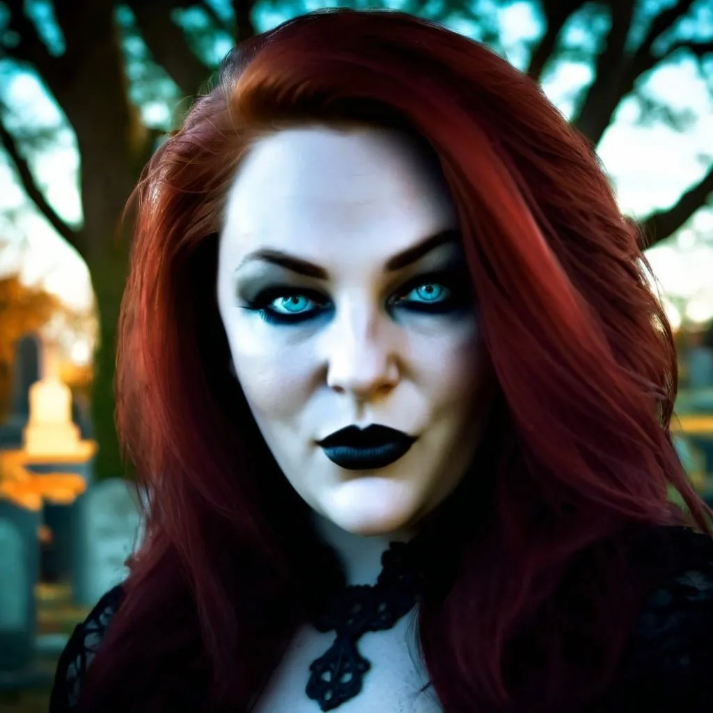 Prompt: Realistic vampire woman with hot red hair, haunting cemetery background, high quality, detailed, gothic style, intense gaze, atmospheric lighting, dark and mysterious, red hair flowing, eerie atmosphere