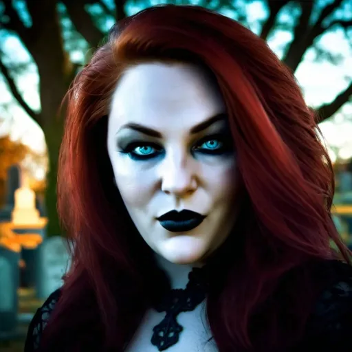 Prompt: Realistic vampire woman with hot red hair, haunting cemetery background, high quality, detailed, gothic style, intense gaze, atmospheric lighting, dark and mysterious, red hair flowing, eerie atmosphere
