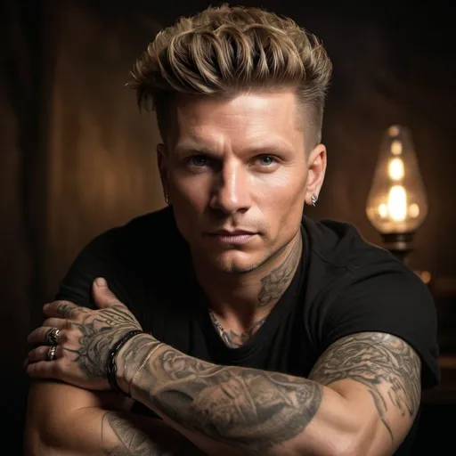Prompt: Rembrandt style, young Steve Burton with tattoos, spike hair, young Mafia boss, Dutch Golden Age, dramatic lighting, intense gaze, dark and rich tones, detailed facial features, high quality, classic, historical, dramatic lighting, detailed tattoos, traditional