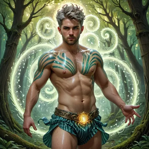 Prompt: (Full body) male stocky big-chested young transmuter, with (striped short hair) and beard, (hairy chest) casting a (swirly bright spell), surrounded by a mystical forest, illuminated by (glowing moonlight) and (intricate magical patterns) on the ground, evoking a vibrant and enchanted atmosphere, (highly detailed, realistic digital art), reminiscent of classic D&D art.