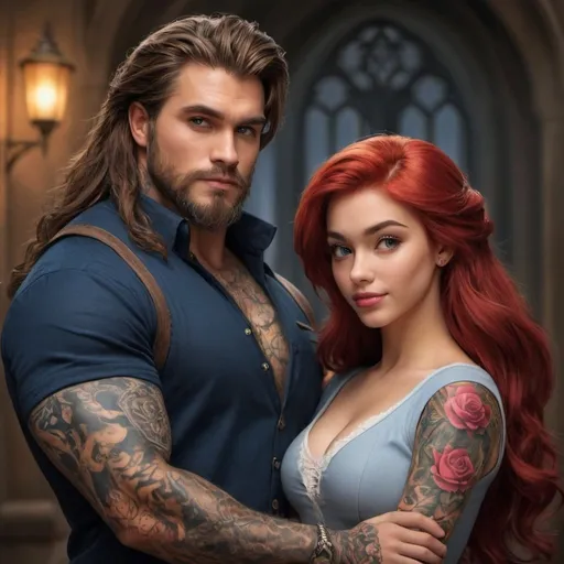 Prompt: Realistic Disney characters: The Beast and Ariel With tattoos, Hogwarts background 