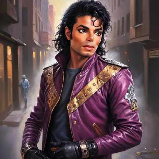 Prompt: Iconic Bad-era style Michael Jackson, realistic painting, vibrant leather jacket, fierce expression, iconic glove, urban street background, dramatic lighting, high quality, realistic, vibrant colors, detailed facial features, iconic pose, retro 80s style, street art, urban setting, intense gaze, atmospheric lighting