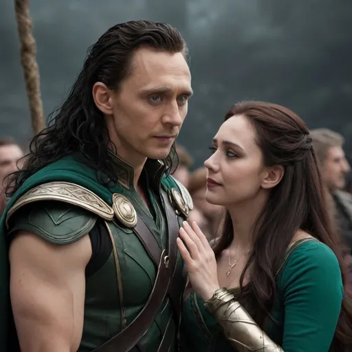 Prompt: Yong Tom Hiddleston's Loki in Asgard with Ariel Relistic 