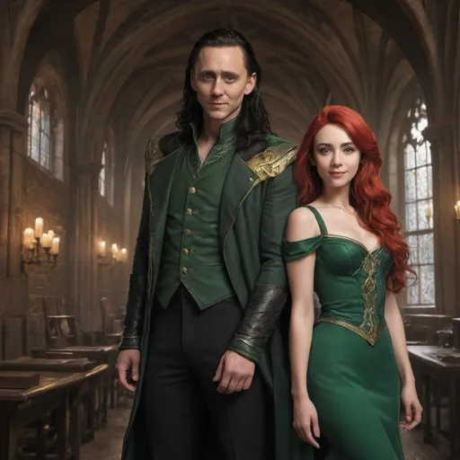 Prompt: Realistic Disney Marvel characters: Tom Hiddleston's Loki and Ariel Hogwarts background 