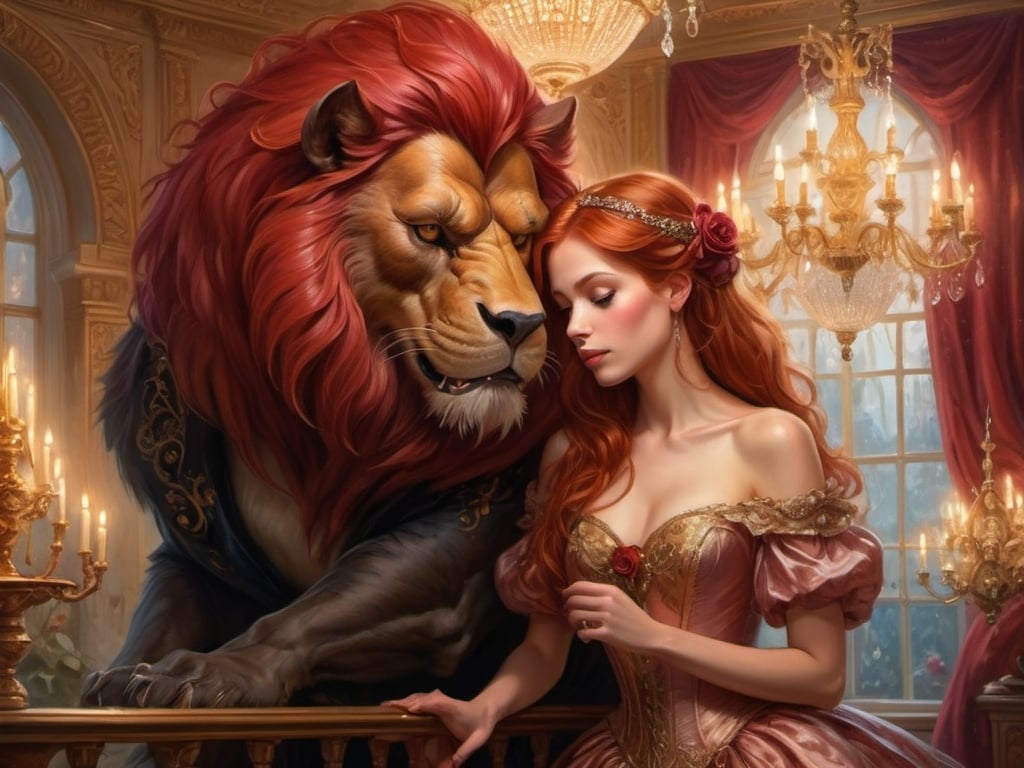 Prompt: Romantic, fairy tale illustration of a beautiful red hair woman and a beast, oil painting, enchanted rose, ornate ballroom, grand chandelier, ethereal golden lighting, detailed facial features, magical atmosphere, high quality, oil painting, romantic, fairy tale, detailed characters, grand setting, enchanting lighting