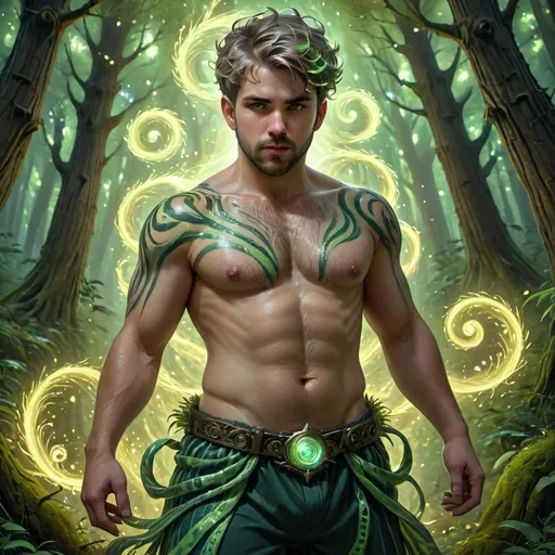 Prompt: (Full body) male stocky big-chested young transmuter, with (striped short hair) and beard, (hairy chest) casting a (swirly bright spell), surrounded by a mystical forest, illuminated by (glowing moonlight) and (intricate magical patterns) on the ground, evoking a vibrant and enchanted atmosphere, (highly detailed, realistic digital art), reminiscent of classic D&D art.