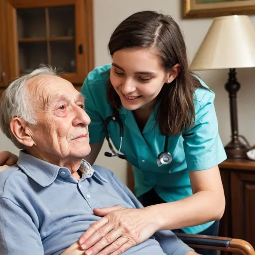 Prompt: Elderly man in his home being cared for by a young caregiver
