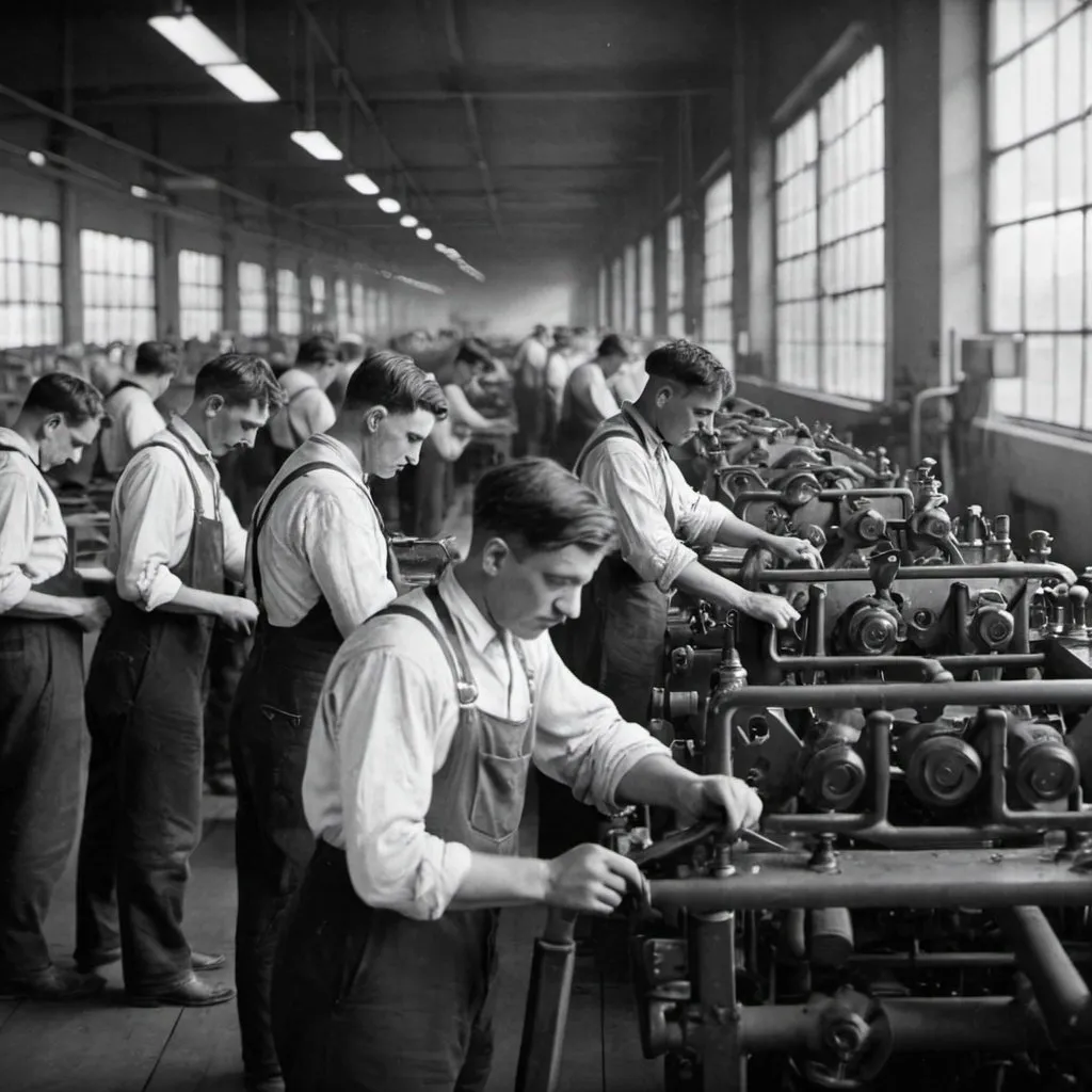 Prompt: Men workers in a factory of Ford Motro Company in 1920