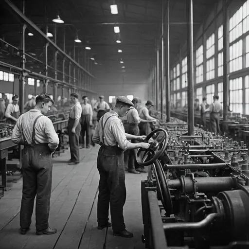 Prompt: Men workers in a factory of Ford Motor Company in 1920