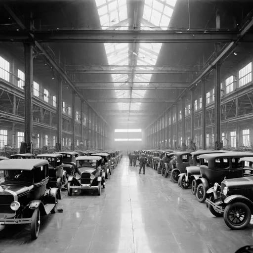 Prompt: Interior general view of Ford Motor Company Factory in 1920 with man workers in the cars