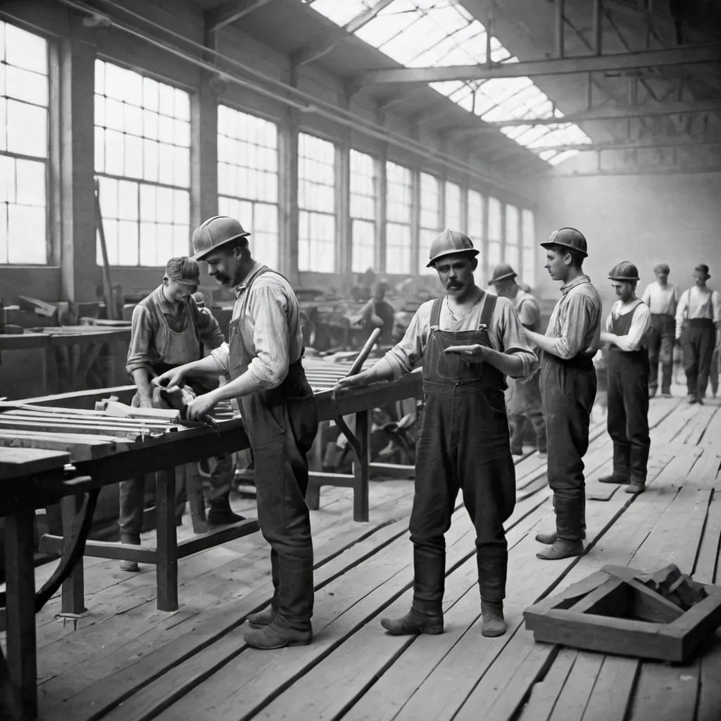 Prompt: Men workers in a factory construction in 1910