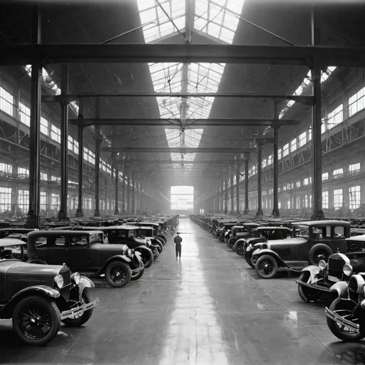 Prompt: Interior general view of Ford Motor Company Factory in 1920