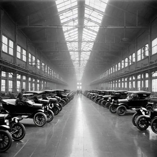 Prompt: Ford Model T bodyless cars being assembled by workers in a big factory in 1920