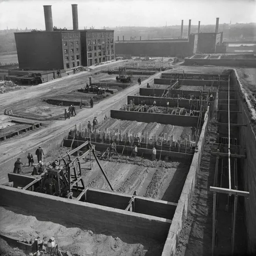 Prompt: Masons and machinery building the foundations of a large factory in 1910
