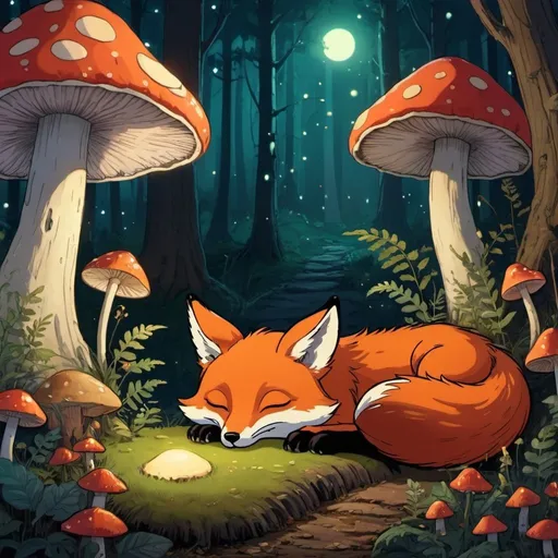 Prompt: Fox sleeping under a giant mushroom in a mushroom forest illuminated by firefly's. in the style of studio ghibli
