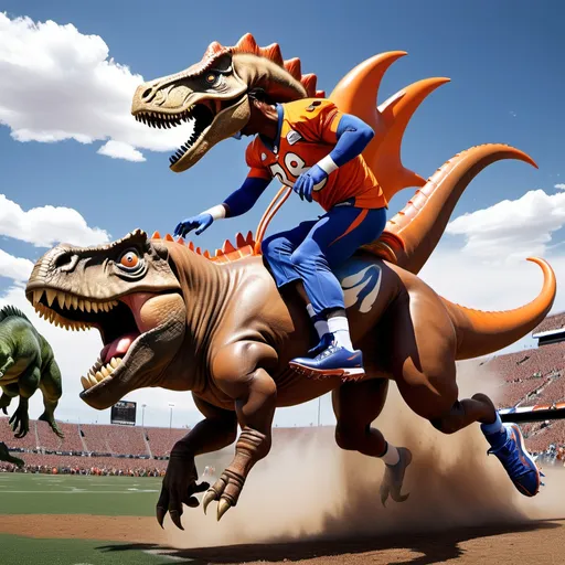 Prompt: Denver bronco football player riding a bronco getting attacked by a dinosaur 
And sonic chasing them