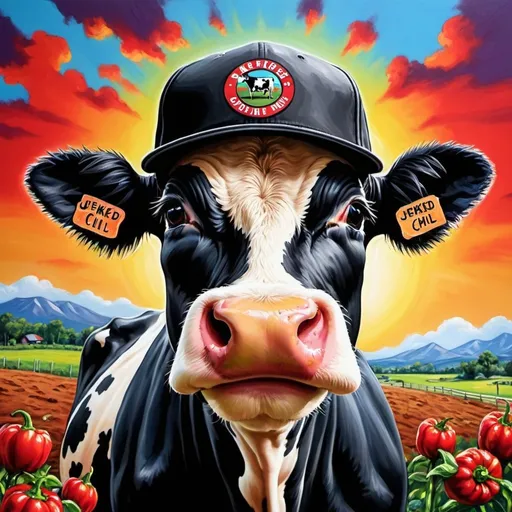 Prompt: Make me a round logo, with an up close up vibrant color cow painting, with a black baseball hat on the cow that has writing on the hat "Jerked by Jon" 
Put black sunglasses on the cow and have chili pepper garden. Bright lighting, outside,  with beautiful vibrant sky