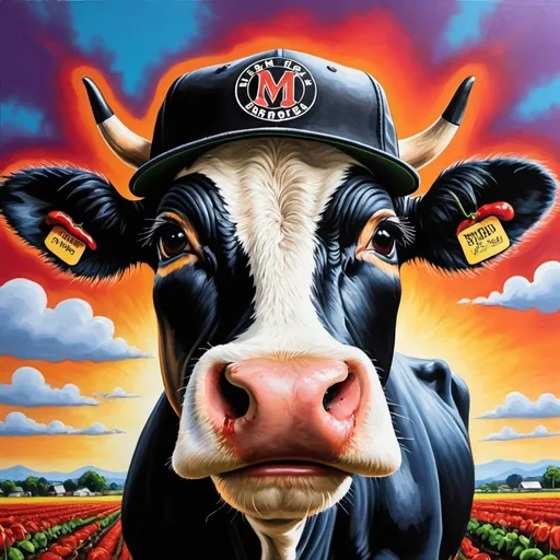 Prompt: Maake an up close,  vibrant, forward facing cow, painting.  Cow is wearing a black baseball hat , the hat has a round logo for Jerked by Jon.
Put black sunglasses on the cow and have chili pepper garden. Bright lighting, outside,  with beautiful vibrant sky