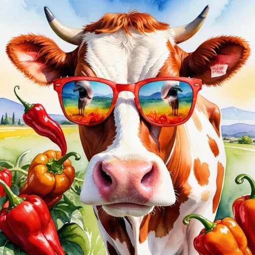 Prompt: Make me a logo with A vibrant watercolor cow painting ,close up with sunglasses on, the sunglasses show reflection of spicy peppers garden, light lighting, sunny outside, with business name "Jerked by Jon" and the slogan "when Jerkin is Hot"