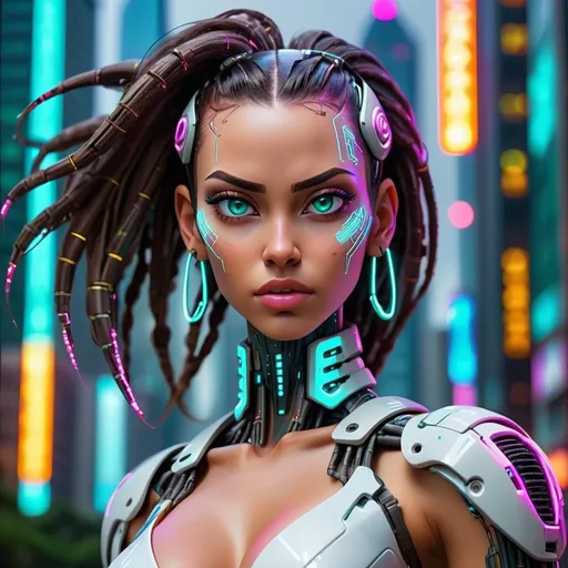 Prompt: enchanting giant cyberpunk colombian women, futuristic cityscape backdrop, neon highlights, towering skyscrapers in the background, beautiful face, detailed cybernetic enhancements, 4k, ultra-detailed, cyberpunk, futuristic, neon highlights, towering skyscrapers, intense gaze, cybernetic enhancements, professional, atmospheric lighting, apocalyptic, slim athletic body, beautiful, stunning eyes, charming