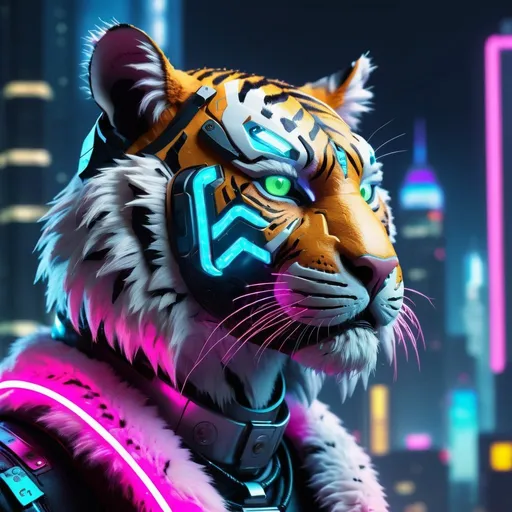 Prompt: Sleek cyberpunk tiger with neon lights, futuristic city skyline, detailed fur with electric highlights, intense and glowing eyes, high-tech collar, best quality, highres, ultra-detailed, cyberpunk, futuristic, neon lights, detailed fur, sleek design, professional, atmospheric lighting