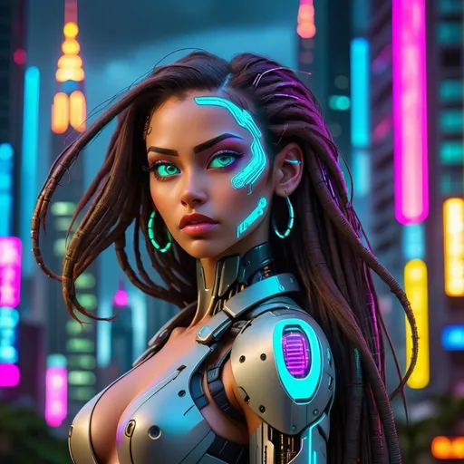 Prompt: enchanting giant cyberpunk colombian women, futuristic cityscape backdrop, neon highlights, towering skyscrapers in the background, beautiful face, detailed cybernetic enhancements, 4k, ultra-detailed, cyberpunk, futuristic, neon highlights, towering skyscrapers, intense gaze, cybernetic enhancements, professional, atmospheric lighting, apocalyptic, slim athletic body, beautiful, stunning eyes, charming