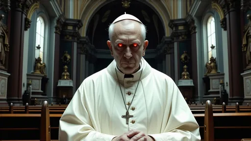 Prompt: A catholic priest sitting, has a malevolent face and red eyes, inside a catholic baroque church, cinematic realistic, atmosphere, gloomy, creepy mood