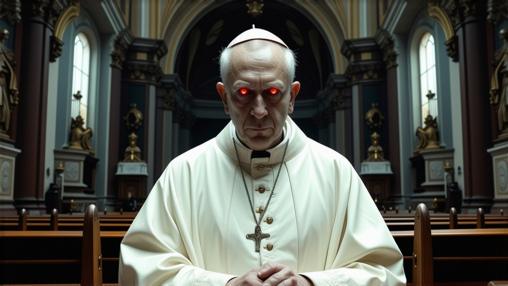 Prompt: A catholic priest sitting, has a malevolent face and red eyes, inside a catholic baroque church, cinematic realistic, atmosphere, gloomy, creepy mood