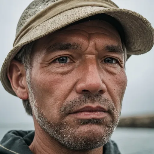 Prompt: A fisherman face close up who wearing a hat