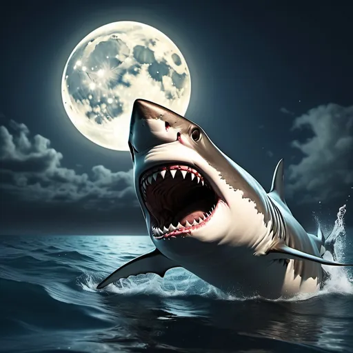 Prompt: a shark with a large mouth and sharp teeth swimming in the ocean water with a full moon in the background, Adam Rex, sumatraism, ultra realistic illustration, an illustration of