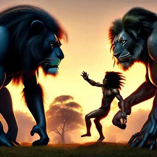 Prompt: Black lion vs Tarzan, sunset, high detail, 4k, proffesional, monster