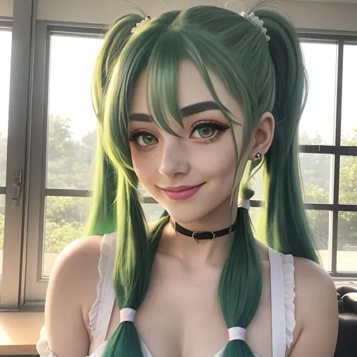 Prompt: Capture a precise, professional-grade in the highest possible quality photography of a deep green haired magical young woman.

She has green hair styled in two exquisite pigtails, with red highlights, tied with kawaii hairpins. She have grey eyes. She has a few freckles on her nose, and large, bright eyes. She is in an idol pose, smiling to the camera. She have one eye closed winking at the camera. 

cat ears, 

heavenly beauty, 128k, 50mm, f/1. 4, high detail, sharp focus, perfect anatomy, highly detailed, detailed and high quality background, oil painting, digital painting, Trending on artstation, UHD, 128K, quality, Big Eyes, artgerm, highest quality stylized character concept masterpiece, award winning digital 3d, hyper-realistic, intricate, 128K, UHD, HDR, image of a gorgeous, beautiful, dirty, highly detailed face, hyper-realistic facial features, cinematic 3D volumetric, illustration by Marc Simonetti, Carne Griffiths, Conrad Roset, 3D anime girl, Full HD render + immense detail + dramatic lighting + well lit + fine | ultra - detailed realism, full body art, lighting, high - quality, engraved, ((photorealistic)), ((hyperrealistic)),  ((perfect eyes)), ((perfect skin)), ((perfect hair))

highly detailed, detailed and high quality background, oil painting, digital painting, Trending on artstation , UHD, 128K, quality, Big Eyes, artgerm, highest quality stylized character concept masterpiece, award winning digital 3d, hyper-realistic, intricate, 128K, UHD, HDR, image of a gorgeous, beautiful, dirty, highly detailed face, hyper-realistic facial features, cinematic 3D volumetric