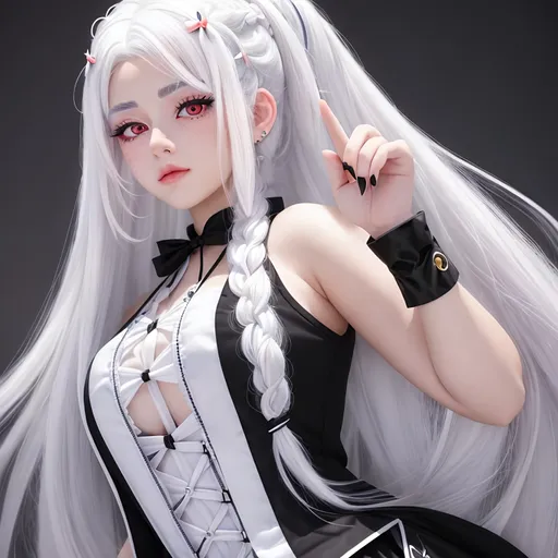 Prompt: Capture a precise, professional-grade in the highest possible quality photography of a magical girl with white hair

She has white hair styled in two exquisite braid, ((black ombre white hair)), tied with kawaii hairpins. She have red eyes. She has a few freckles on her nose, and large, bright eyes. She is in an idol pose with magical girl costume. smiling to the camera

heavenly beauty, 128k, 50mm, f/1. 4, high detail, sharp focus, perfect anatomy, highly detailed, detailed and high quality background, oil painting, digital painting, Trending on artstation, UHD, 128K, quality, Big Eyes, artgerm, highest quality stylized character concept masterpiece, award winning digital 3d, hyper-realistic, intricate, 128K, UHD, HDR, image of a gorgeous, beautiful, dirty, highly detailed face, hyper-realistic facial features, cinematic 3D volumetric, illustration by Marc Simonetti, Carne Griffiths, Conrad Roset, 3D anime girl, Full HD render + immense detail + dramatic lighting + well lit + fine | ultra - detailed realism, full body art, lighting, high - quality, engraved, ((photorealistic)), ((hyperrealistic)),  ((perfect eyes)), ((perfect skin)), ((perfect hair))

highly detailed, detailed and high quality background, oil painting, digital painting, Trending on artstation , UHD, 128K, quality, Big Eyes, artgerm, highest quality stylized character concept masterpiece, award winning digital 3d, hyper-realistic, intricate, 128K, UHD, HDR, image of a gorgeous, beautiful, dirty, highly detailed face, hyper-realistic facial features, cinematic 3D volumetric