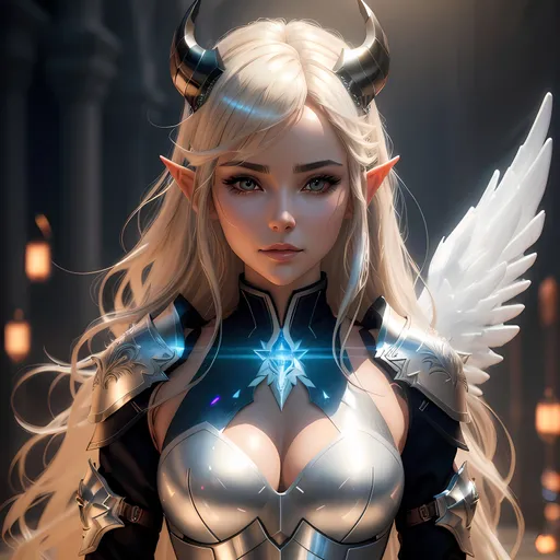 Prompt: women , light armor ,keyhole,  white with blonde highlights, elf ears, stylised horns from back to front on top the skull, holographic draped dress , angel wing , divine Halo

Illustration by Makoto shinkai.

heavenly beauty, 128k, 50mm, f/1. 4, high detail, sharp focus, perfect anatomy, highly detailed, detailed and high quality background, oil painting, digital painting, Trending on artstation, UHD, 128K, quality, Big Eyes, artgerm, highest quality stylized character concept masterpiece, award winning digital 3d, hyper-realistic, intricate, 128K, UHD, HDR, image of a gorgeous, beautiful, dirty, highly detailed face, hyper-realistic facial features, cinematic 3D volumetric,  3D anime girl, Full HD render + immense detail + dramatic lighting + well lit + fine | ultra - detailed realism, full body art, lighting, high - quality, engraved, ((photorealistic)), ((hyperrealistic))
