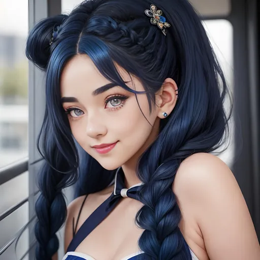 Prompt: Capture a precise, professional-grade in the highest possible quality photography of a magical girl with navy blue hair

She has navy blue hair styled in two exquisite braid, ((black ombre blue hair)), tied with kawaii hairpins. She have grey eyes. She has a few freckles on her nose, and large, bright eyes. She is in an idol pose, smiling to the camera. She have one eye closed winking at the camera. 

cat ears, 

heavenly beauty, 128k, 50mm, f/1. 4, high detail, sharp focus, perfect anatomy, highly detailed, detailed and high quality background, oil painting, digital painting, Trending on artstation, UHD, 128K, quality, Big Eyes, artgerm, highest quality stylized character concept masterpiece, award winning digital 3d, hyper-realistic, intricate, 128K, UHD, HDR, image of a gorgeous, beautiful, dirty, highly detailed face, hyper-realistic facial features, cinematic 3D volumetric, illustration by Marc Simonetti, Carne Griffiths, Conrad Roset, 3D anime girl, Full HD render + immense detail + dramatic lighting + well lit + fine | ultra - detailed realism, full body art, lighting, high - quality, engraved, ((photorealistic)), ((hyperrealistic)),  ((perfect eyes)), ((perfect skin)), ((perfect hair))

highly detailed, detailed and high quality background, oil painting, digital painting, Trending on artstation , UHD, 128K, quality, Big Eyes, artgerm, highest quality stylized character concept masterpiece, award winning digital 3d, hyper-realistic, intricate, 128K, UHD, HDR, image of a gorgeous, beautiful, dirty, highly detailed face, hyper-realistic facial features, cinematic 3D volumetric