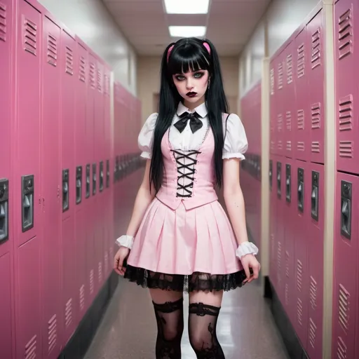 Prompt: A young vampire woman with small fangs and her skin is a distinct pale pink. She has long black hair with chunky pink streaks and bangs. She has a dark pink heart shaped birthmark on her left cheek. She is wearing a pink vest with a lacey white Victorian style collared shirt underneath, and a white mini skirt with black fishnets underneath and her boots are pink platform boots with black laces. Her style is cute lolita goth, in the style of Monster High. She is in a school surrounded by lockers. 