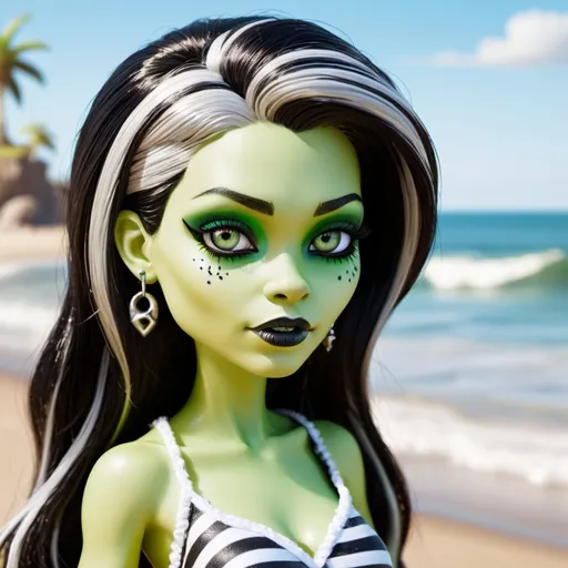 Prompt: Frankie Stein from Monster High at the beach in a realistic style. Hair color is black and white. Skin is green. One eye green one eye blue.
