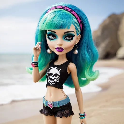 Prompt: Frankie Stein from Monster High at the beach.