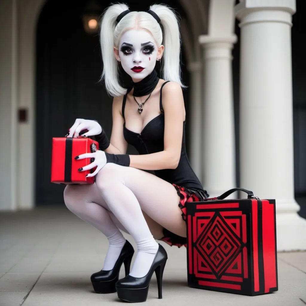 Prompt: A Mime monster girl in the style of Monster High. Half black half white hair in long ponytails. Her shoes are intricately designed and her costume is entirely black and white except for a red purse shaped like a see-through cube box. 