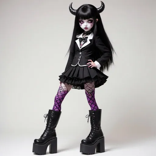 Prompt: Japanese school girl demon in style of Monster High. she wears very tall platform goth boots. 