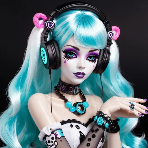 Prompt: A ghost girl in the style of Monster High. She is the ghost of a gamer girl that haunts electronic devices. She has very long nails with decora charms. She wears a headset. 