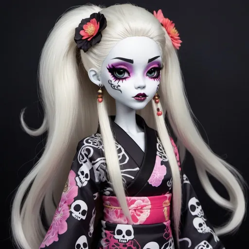 Prompt: A ghostly girl in the style of Monster High dressed up in a hip dress that is a mix between traditional Japanese kimono and punk. She has very long white hair with a single streak of black. Her pupils are shaped like skulls. 