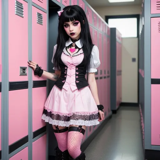 Prompt: A young vampire woman with light pink skin and long black hair with pink highlights. She has a single pink heart on her left cheek. She is wearing a pink vest with a lacey white Victorian style collared shirt underneath, and a white mini skirt with black fishnets underneath and her boots are pink platform boots with black laces. Her style is cute lolita goth, in the style of Monster High. She is in a school surrounded by lockers. 