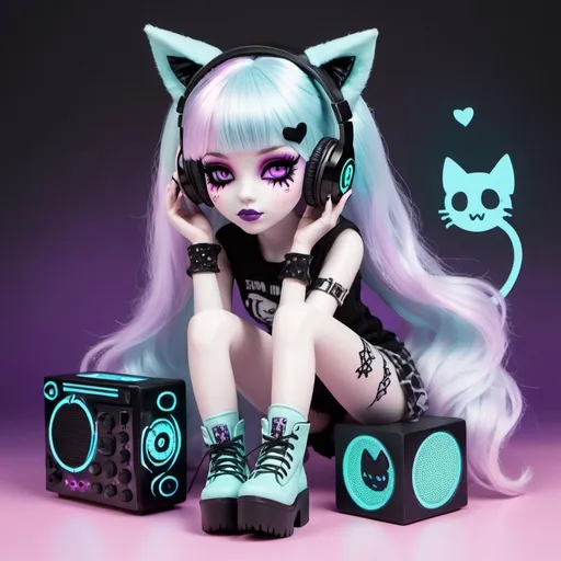 Prompt: A ghost girl in the style of Monster High. She is the ghost of a gamer girl that haunts electronic devices. She is cute but creepy. Wears a headset with cat ears. Pastel goth style. Platform goth boots. 
