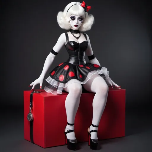 Prompt: A Mime monster girl in the style of Monster High. Half black half white hair. Curvy body in a pear shape. Her shoes are intricately designed and her costume is entirely black and white except for a red purse shaped like a see-through cube box. Her eye color is red. 