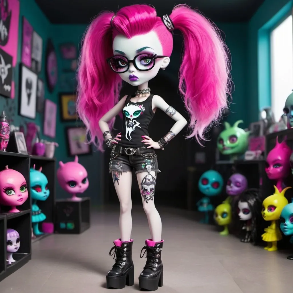 Prompt: An alien girl with four eyes who is punk in the style of Monster High. She wears punk style clothes and has tall platform boots. Curvy pear style body. 